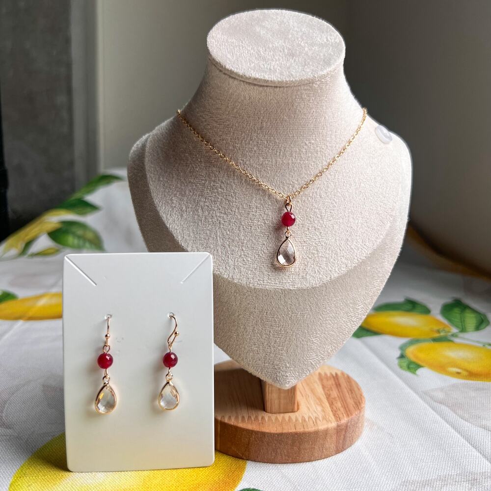 July Birthstone Set, Ruby Jewelry, Red Chalcedony, Quartz Teardrop, Boho, Casual